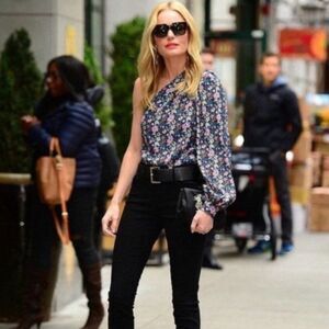 Frame Floral Coastal Blue One Pleated Shoulder Balloon Sleeve Top XS